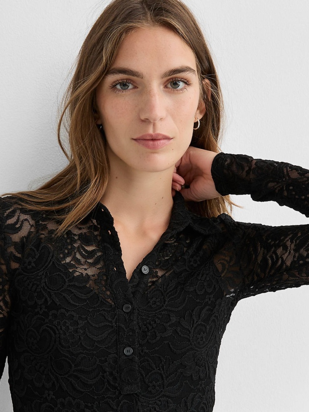 LOFT Black Floral Lace Button-Front Blouse